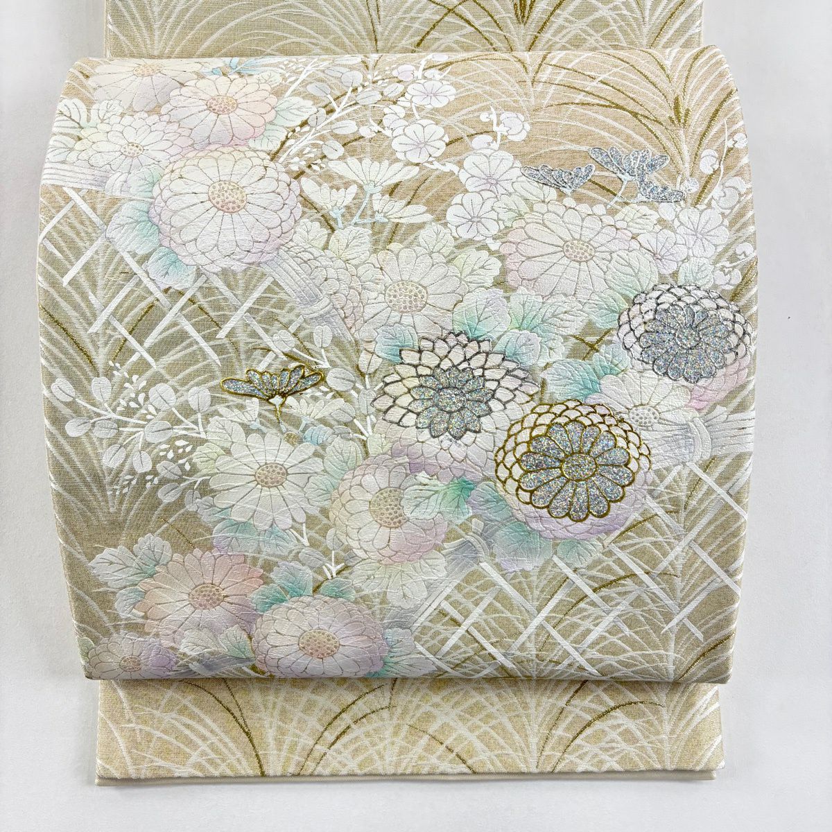 【美品】 袋帶 名品級 菊花 光悅垣 金銀彩 金絲 米色 大鼓圖案 純蠶絲