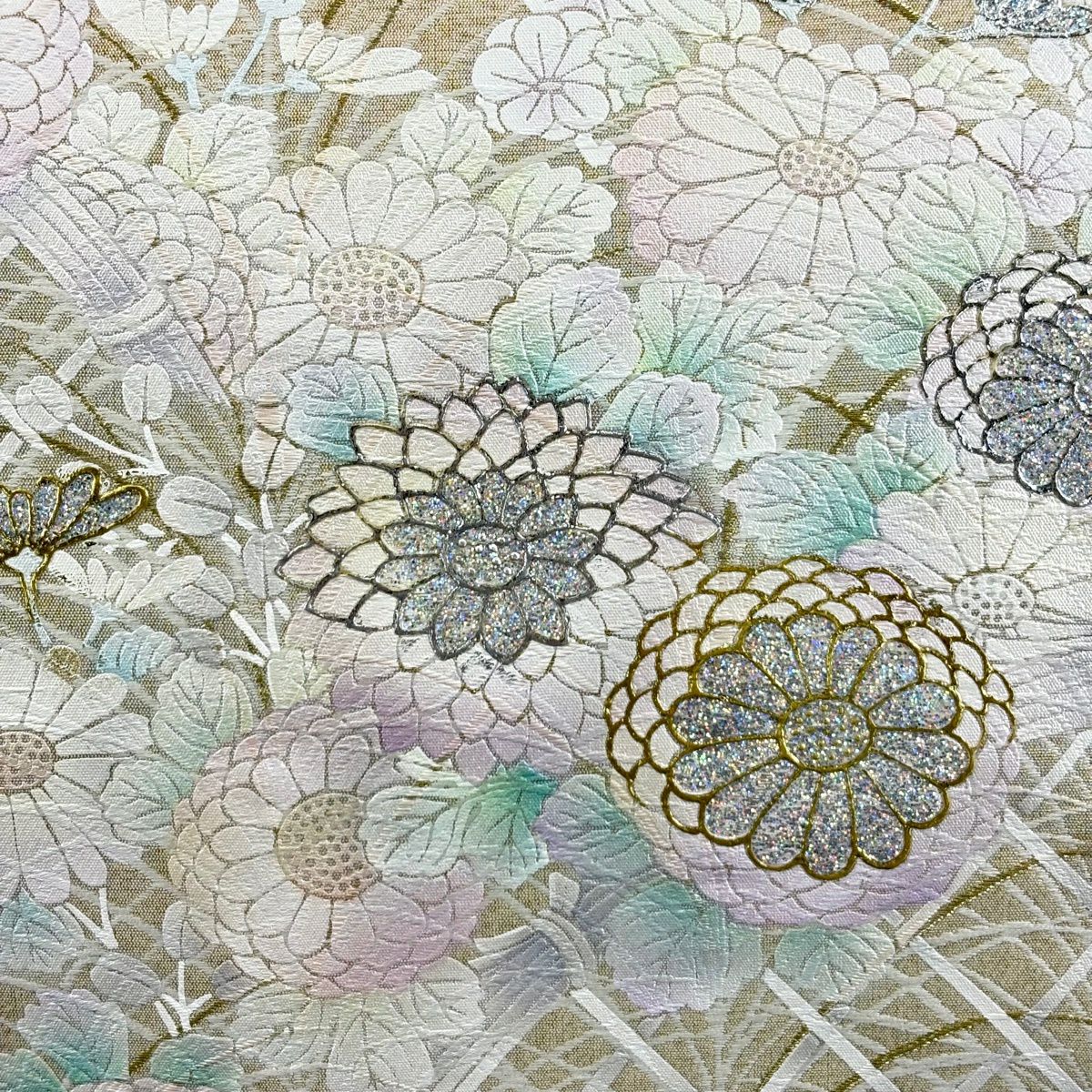 【美品】 袋帶 名品級 菊花 光悅垣 金銀彩 金絲 米色 大鼓圖案 純蠶絲