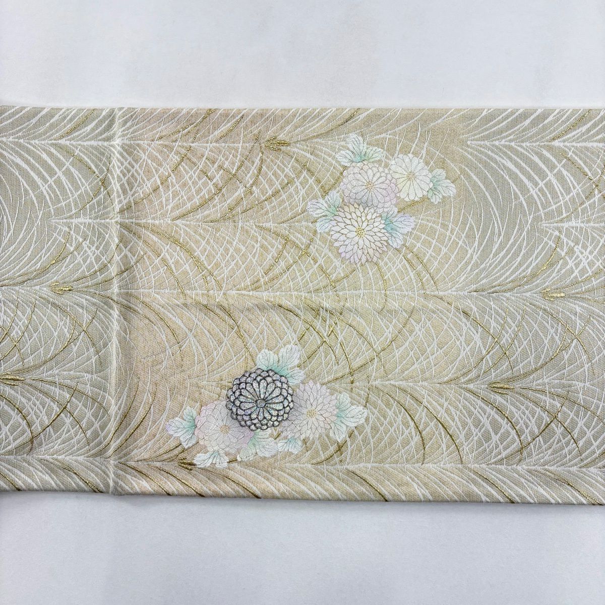 【美品】 袋帶 名品級 菊花 光悅垣 金銀彩 金絲 米色 大鼓圖案 純蠶絲