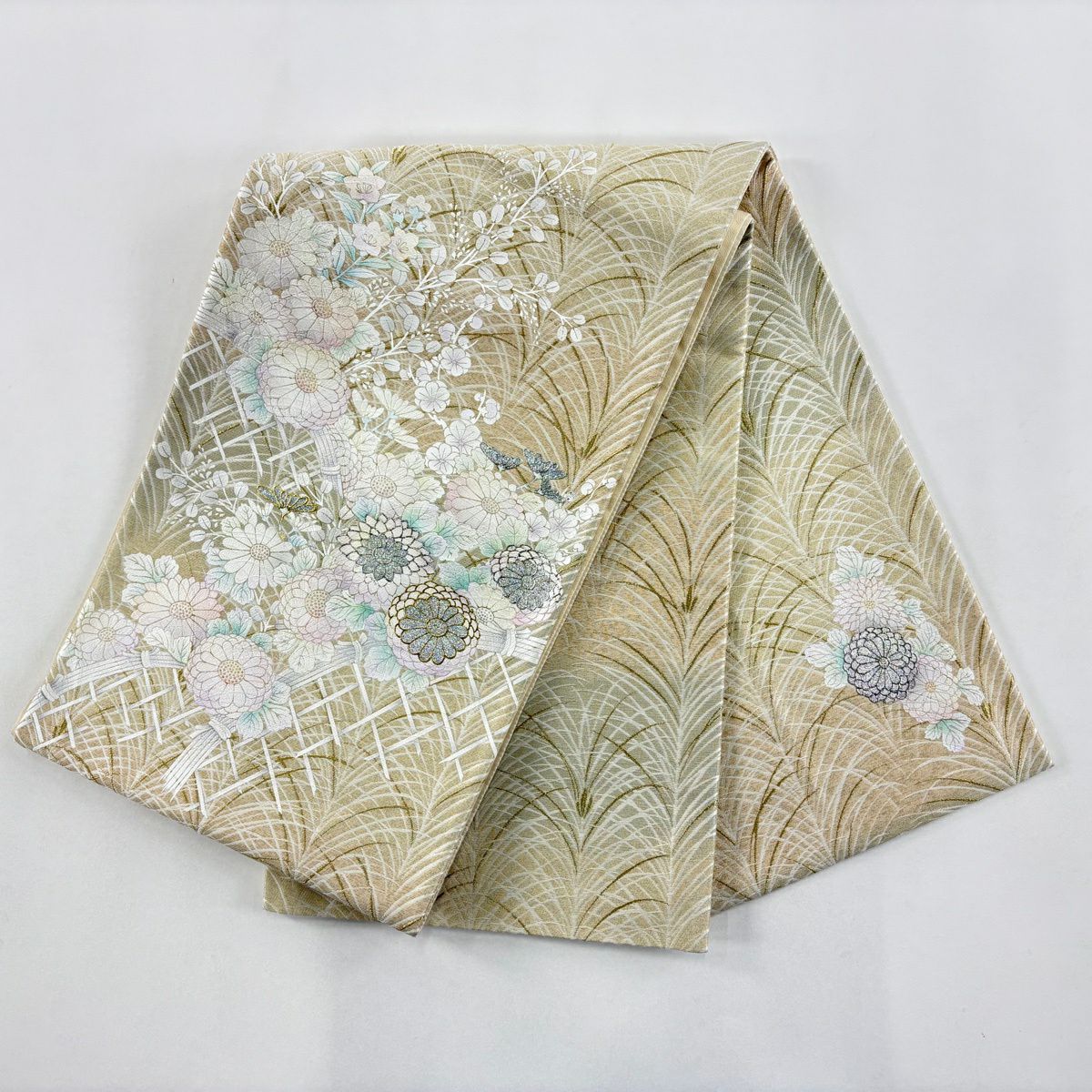 【美品】 袋帶 名品級 菊花 光悅垣 金銀彩 金絲 米色 大鼓圖案 純蠶絲