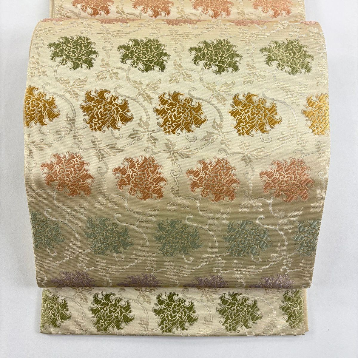 【美品】 袋帶 名品級 金金箔屋清兵衛 落款 花唐草紋 金金箔 米色 六通 純蠶絲