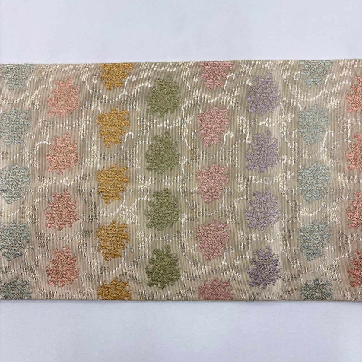 【美品】 袋帶 名品級 金金箔屋清兵衛 落款 花唐草紋 金金箔 米色 六通 純蠶絲