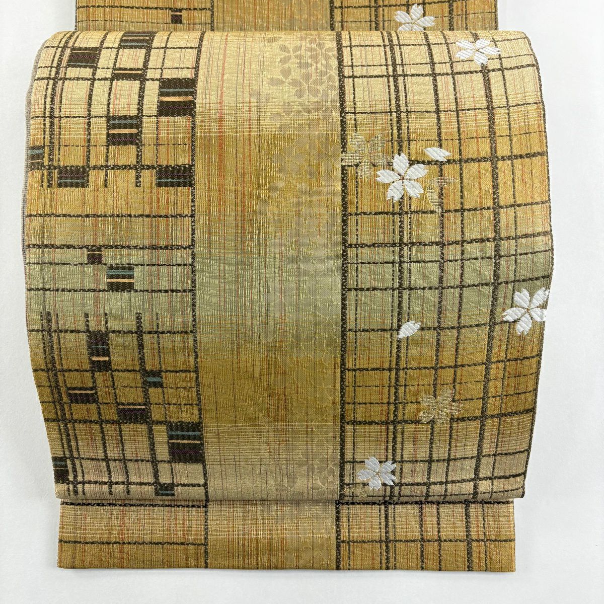 【美品】 袋帶 名品級 格子 樱花 金絲 金金箔 淺茶 六通 純蠶絲