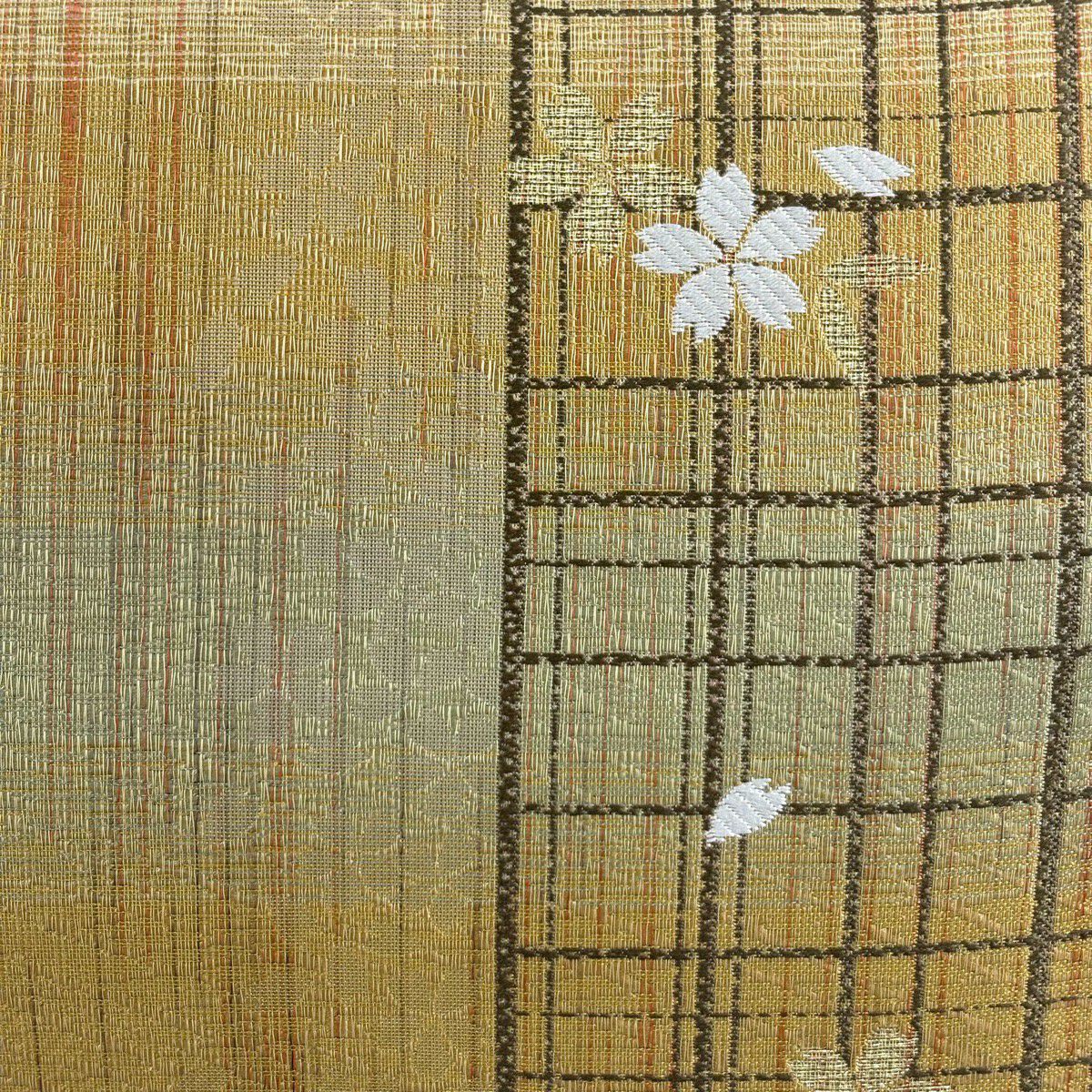 【美品】 袋帶 名品級 格子 樱花 金絲 金金箔 淺茶 六通 純蠶絲