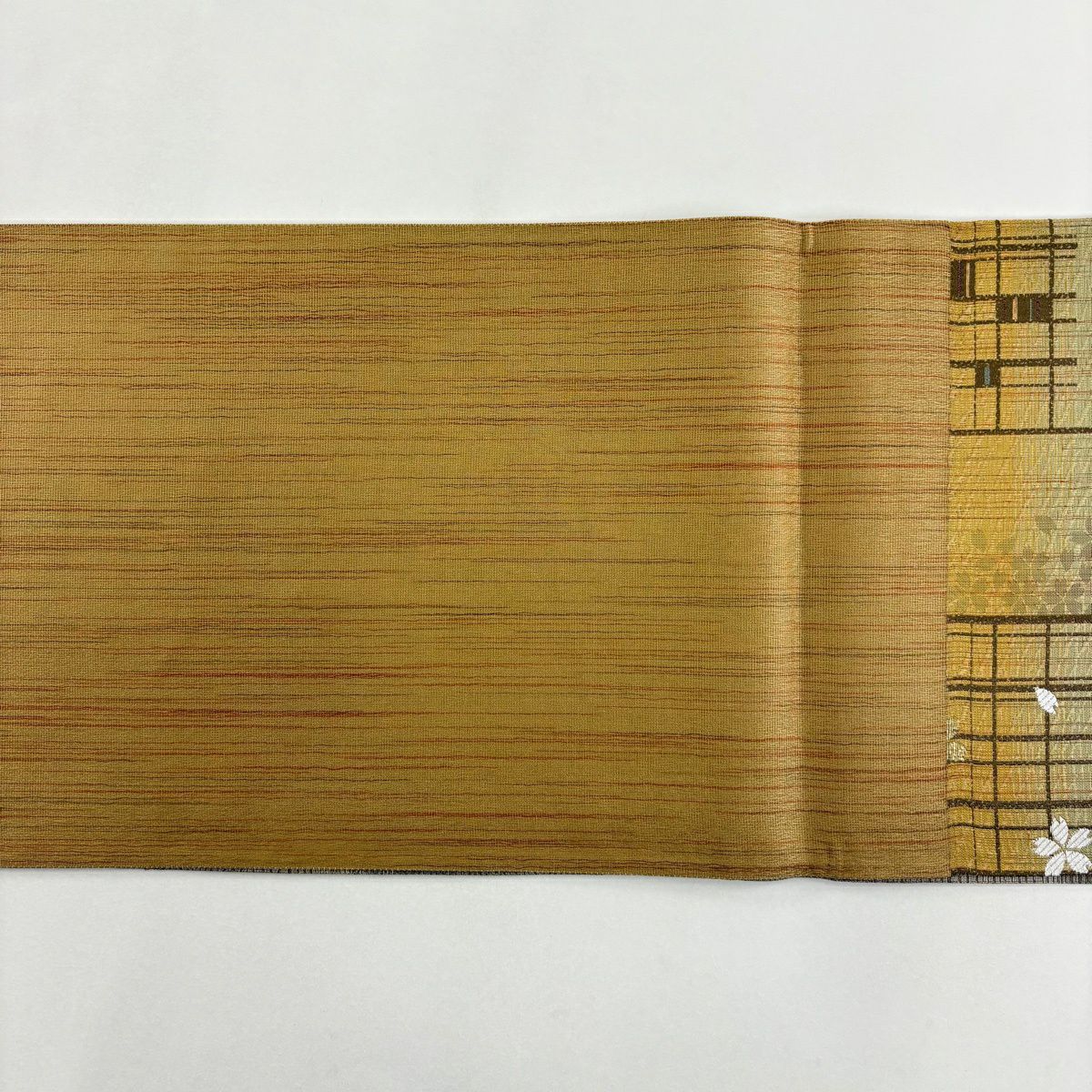 【美品】 袋帶 名品級 格子 樱花 金絲 金金箔 淺茶 六通 純蠶絲