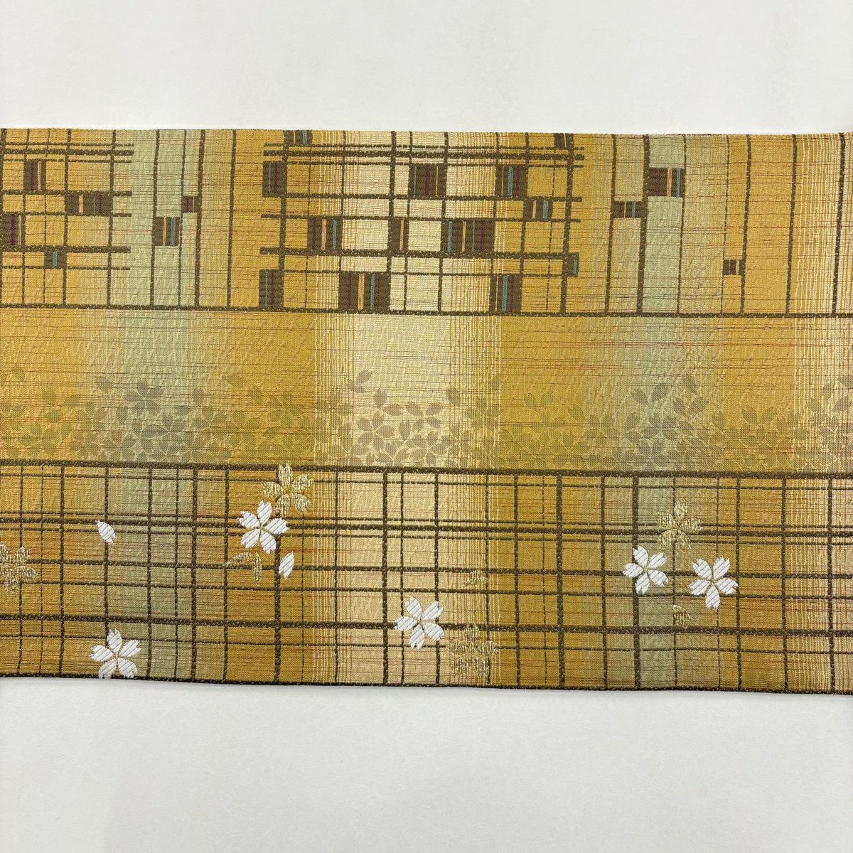 【美品】 袋帶 名品級 格子 樱花 金絲 金金箔 淺茶 六通 純蠶絲