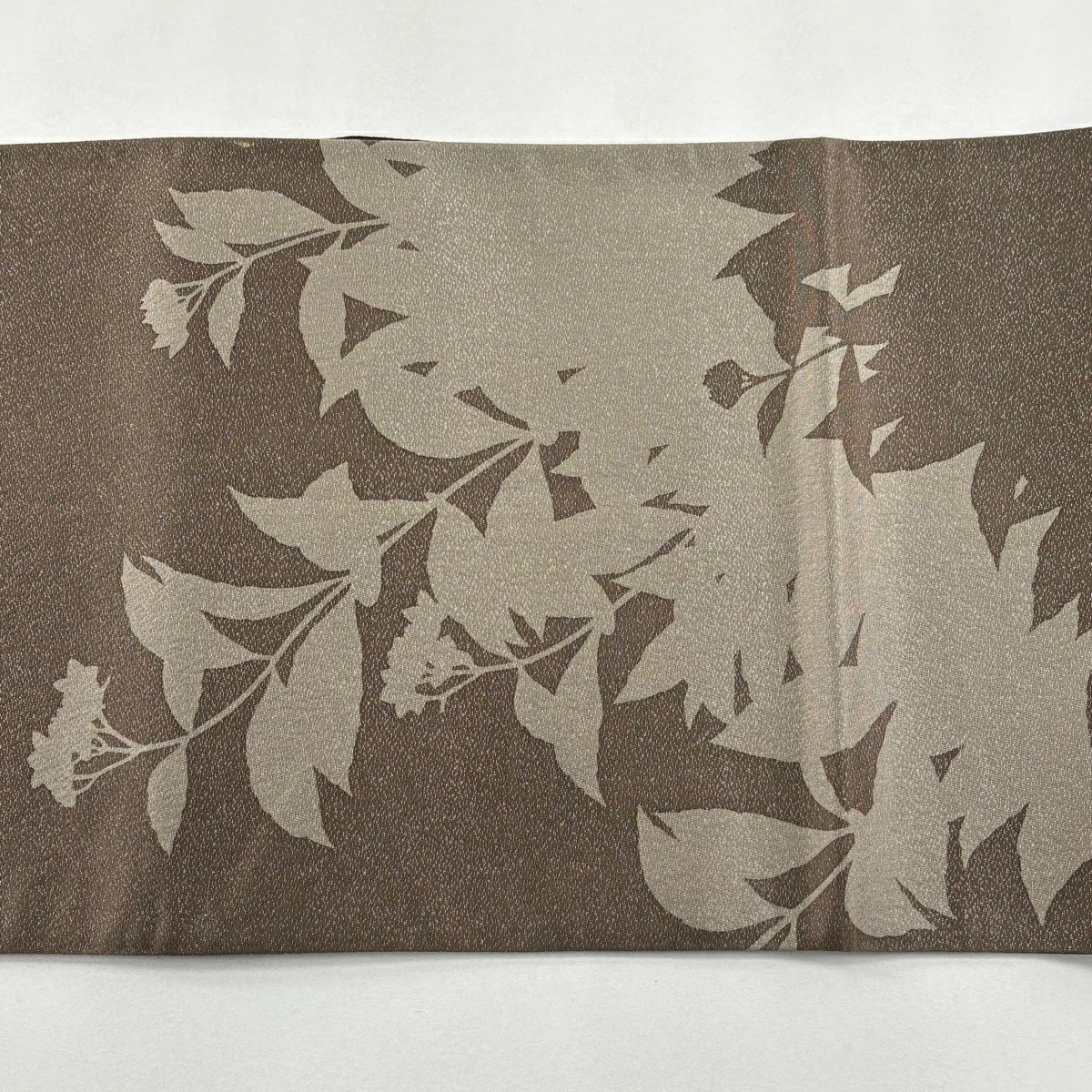 袋帶 名品級 草花紋 輪廓 銀通染 茶 お太鼓圖案 純蠶絲