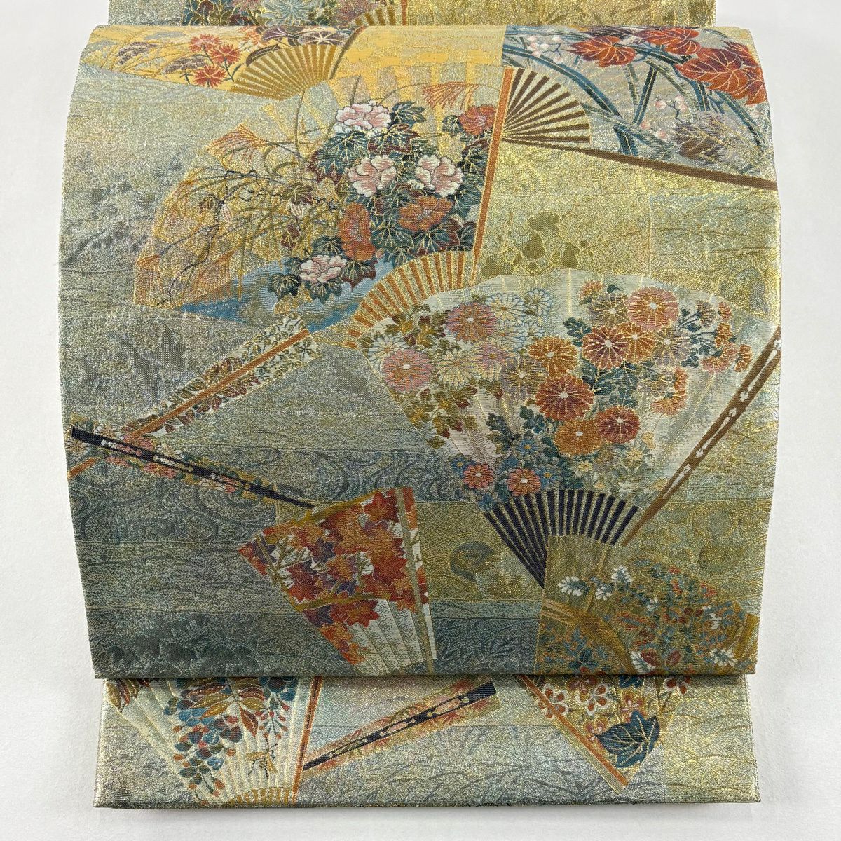 【美品】 袋帶 名品級 琳派三十六華扇子 扇子 草花紋 金金箔 金糸 灰綠 全通 純蠶絲