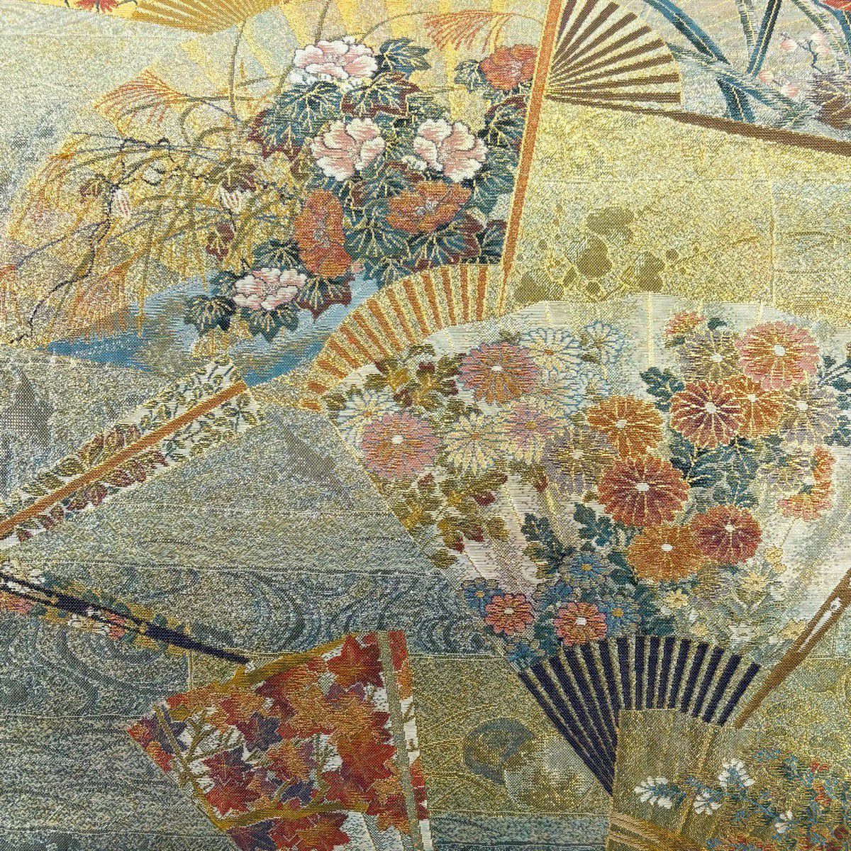 【美品】 袋帶 名品級 琳派三十六華扇子 扇子 草花紋 金金箔 金糸 灰綠 全通 純蠶絲