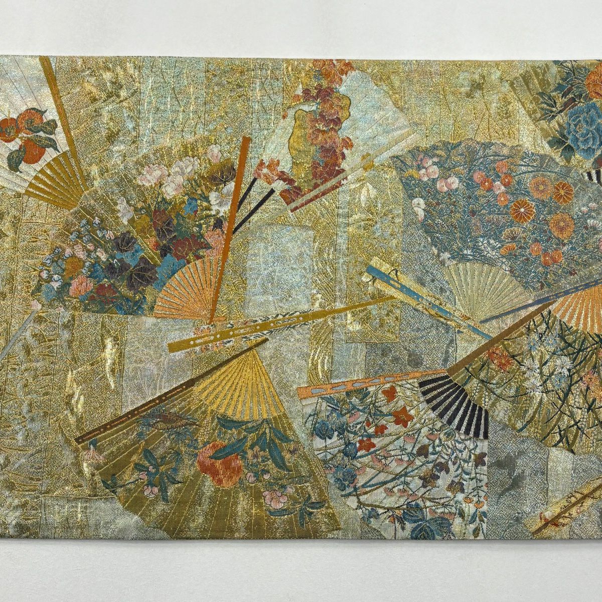 【美品】 袋帶 名品級 琳派三十六華扇子 扇子 草花紋 金金箔 金糸 灰綠 全通 純蠶絲