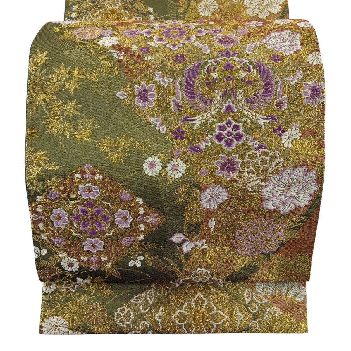 【美品】 袋帶 名品級 じゅらく 落款あり じゅらく帝王紫 鳳凰 草花紋 金糸 金金箔 鶯 綠 お太鼓柄 純蠶絲