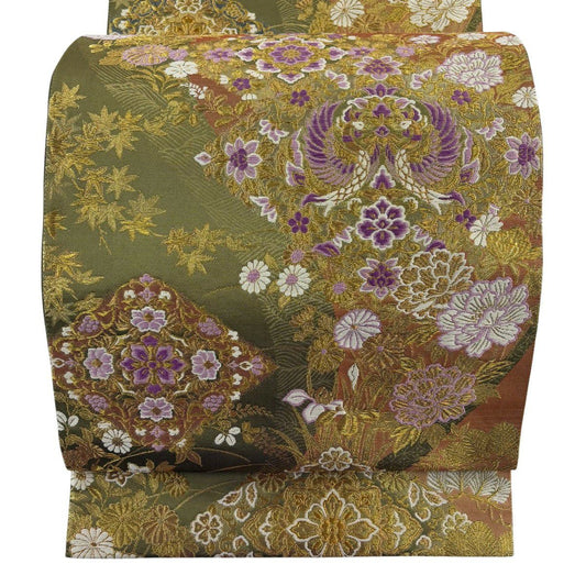 【美品】 袋帶 名品級 じゅらく 落款あり じゅらく帝王紫 鳳凰 草花紋 金糸 金金箔 鶯 綠 お太鼓柄 純蠶絲
