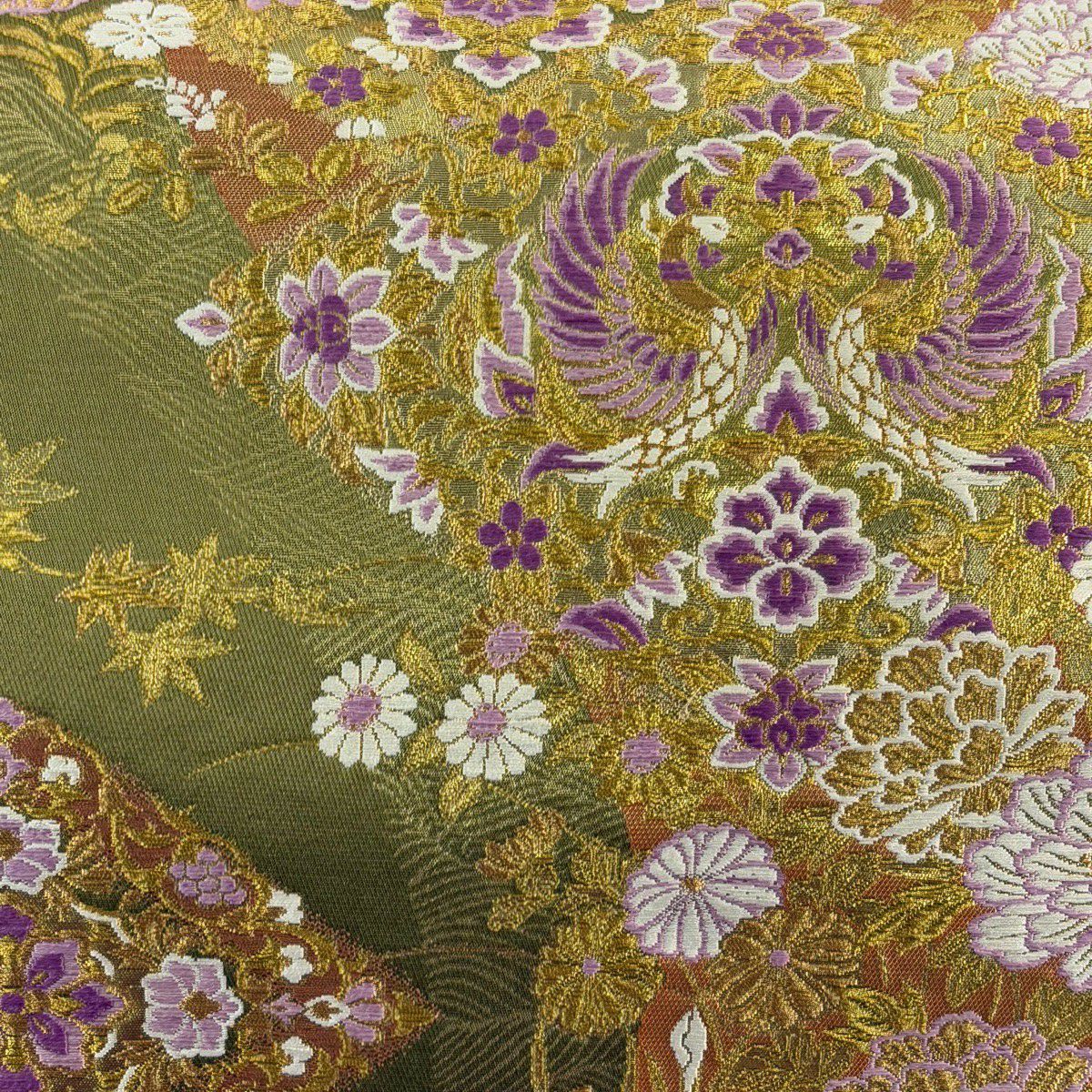 【美品】 袋帶 名品級 じゅらく 落款あり じゅらく帝王紫 鳳凰 草花紋 金糸 金金箔 鶯 綠 お太鼓柄 純蠶絲