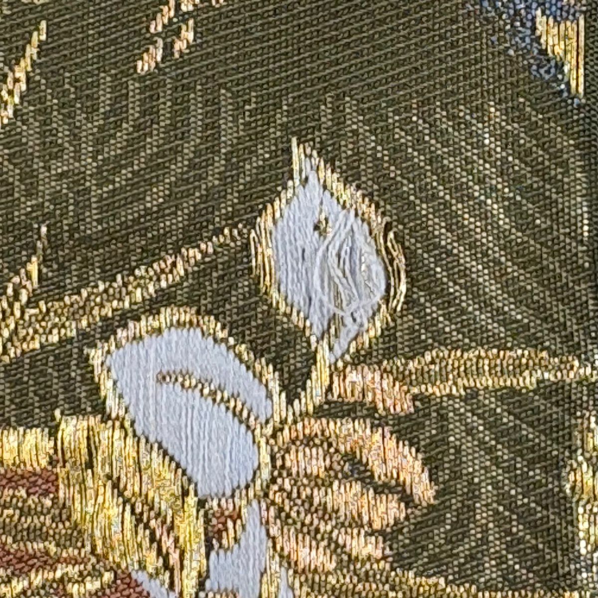 【美品】 袋帶 名品級 じゅらく 落款あり じゅらく帝王紫 鳳凰 草花紋 金糸 金金箔 鶯 綠 お太鼓柄 純蠶絲