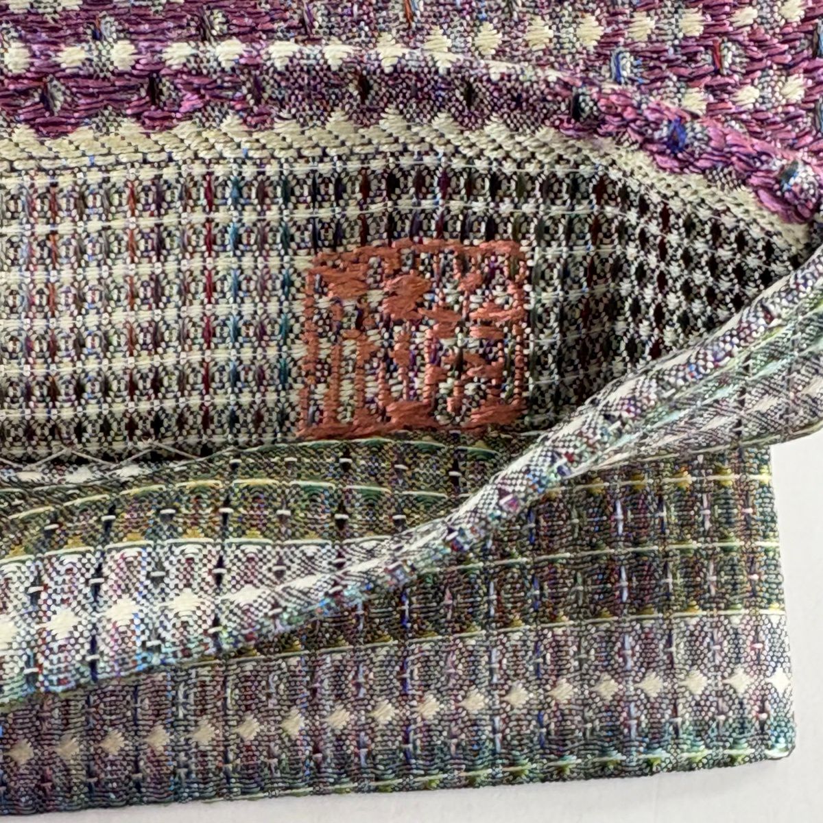 【美品】 袋帶 名品級 附落款 雙面使用 菱形紋 條紋 紫色 全通 純蠶絲