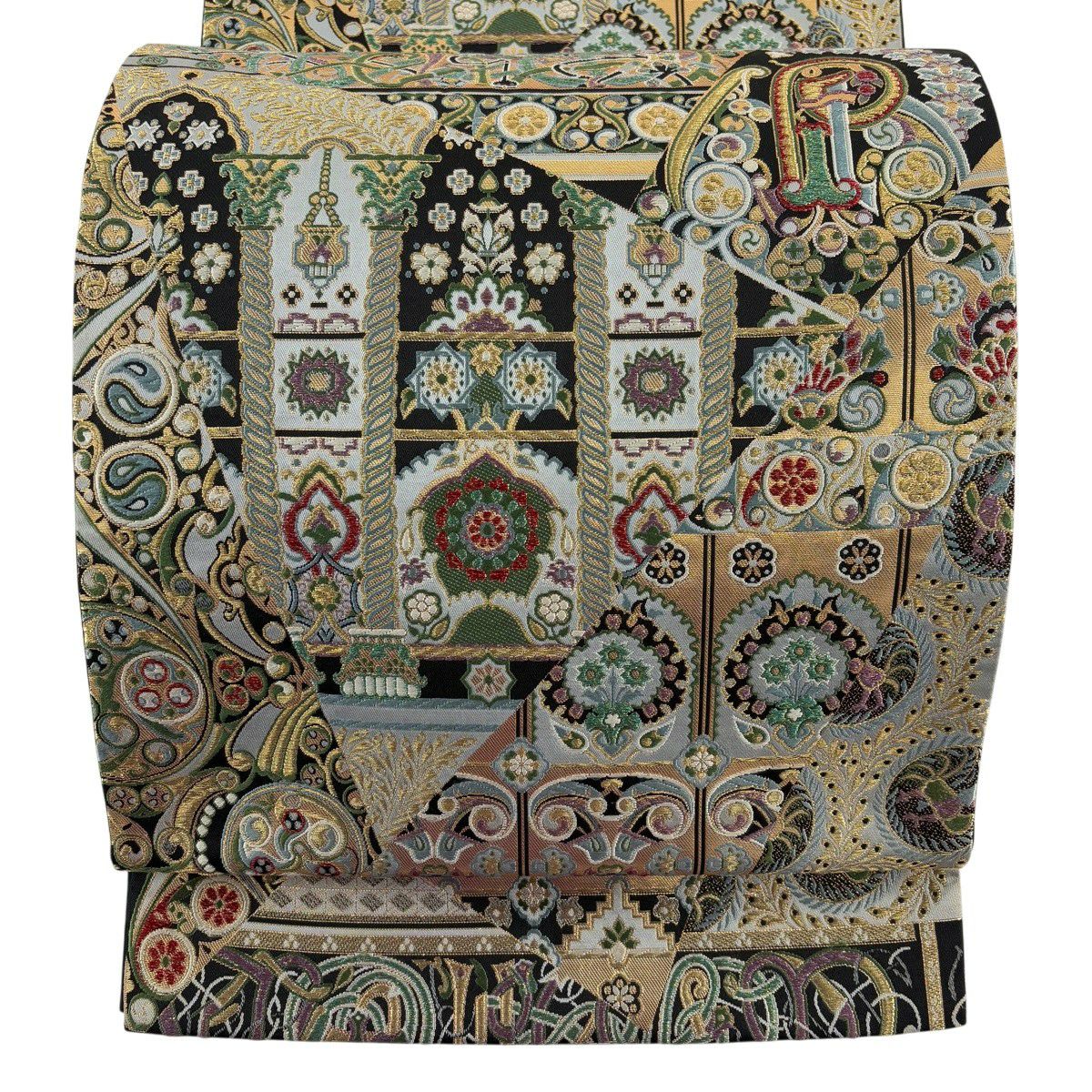 【美品】 袋帶 名品級 草花紋紋 柱 金絲 金金箔 黑 六通 純蠶絲