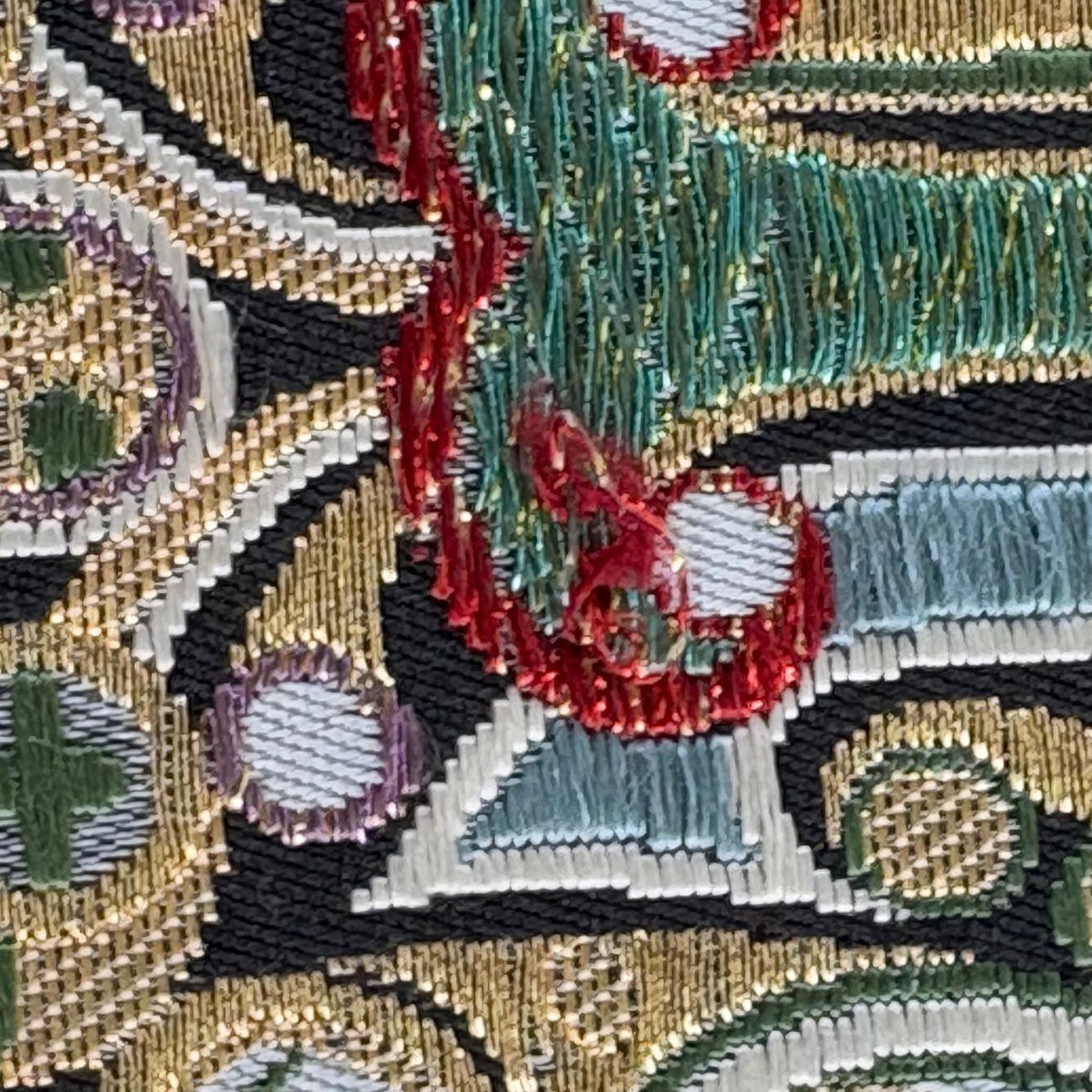 【美品】 袋帶 名品級 草花紋紋 柱 金絲 金金箔 黑 六通 純蠶絲