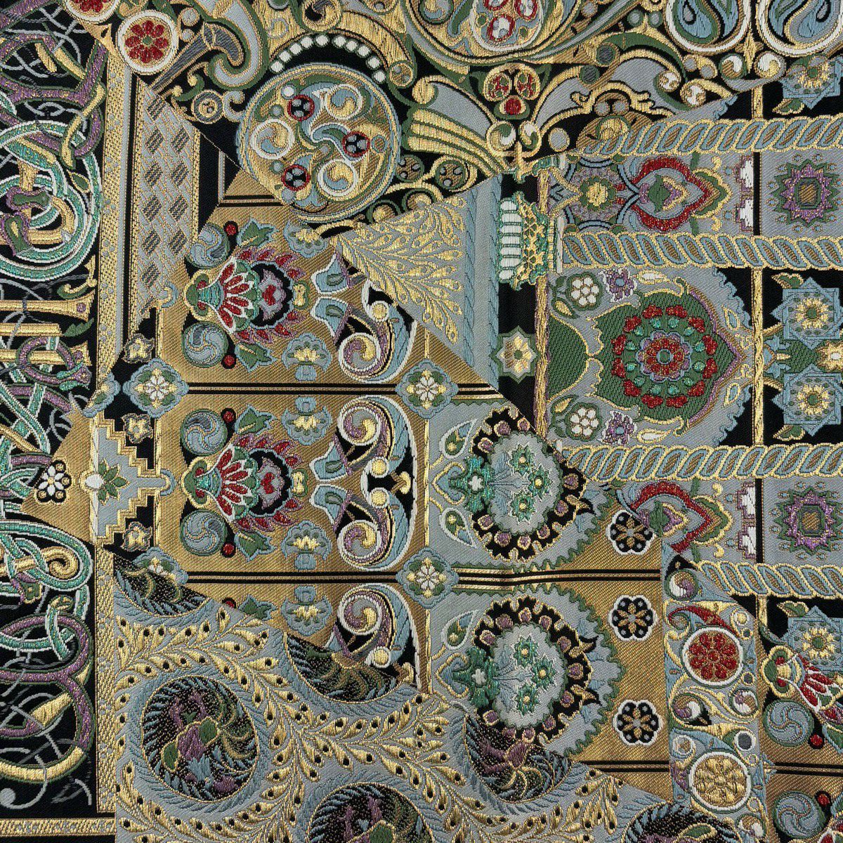 【美品】 袋帶 名品級 草花紋紋 柱 金絲 金金箔 黑 六通 純蠶絲