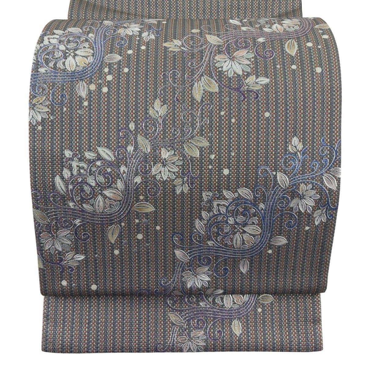 【美品】 袋帶 名品級 花唐草紋 縞模樣 銀線 金銀彩 灰紫 お太鼓圖案 純蠶絲