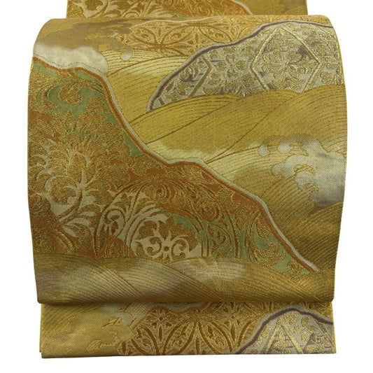 【美品】 袋帶 名品級 川島織物 落款 草花紋 波 金絲 金金箔 黃土色 六通 純蠶絲