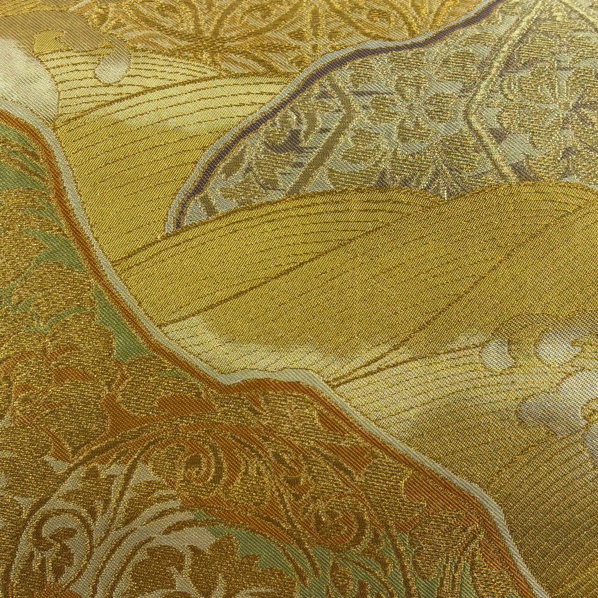 【美品】 袋帶 名品級 川島織物 落款 草花紋 波 金絲 金金箔 黃土色 六通 純蠶絲