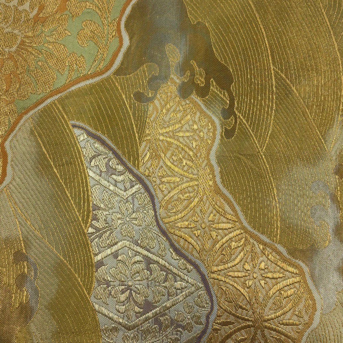 【美品】 袋帶 名品級 川島織物 落款 草花紋 波 金絲 金金箔 黃土色 六通 純蠶絲