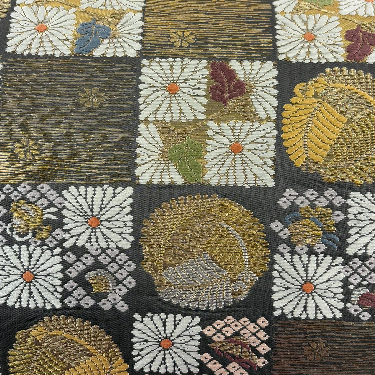 袋帶 名品級 市松樹取 菊花 金銀絲 金金箔 墨 深藍 六通 純蠶絲