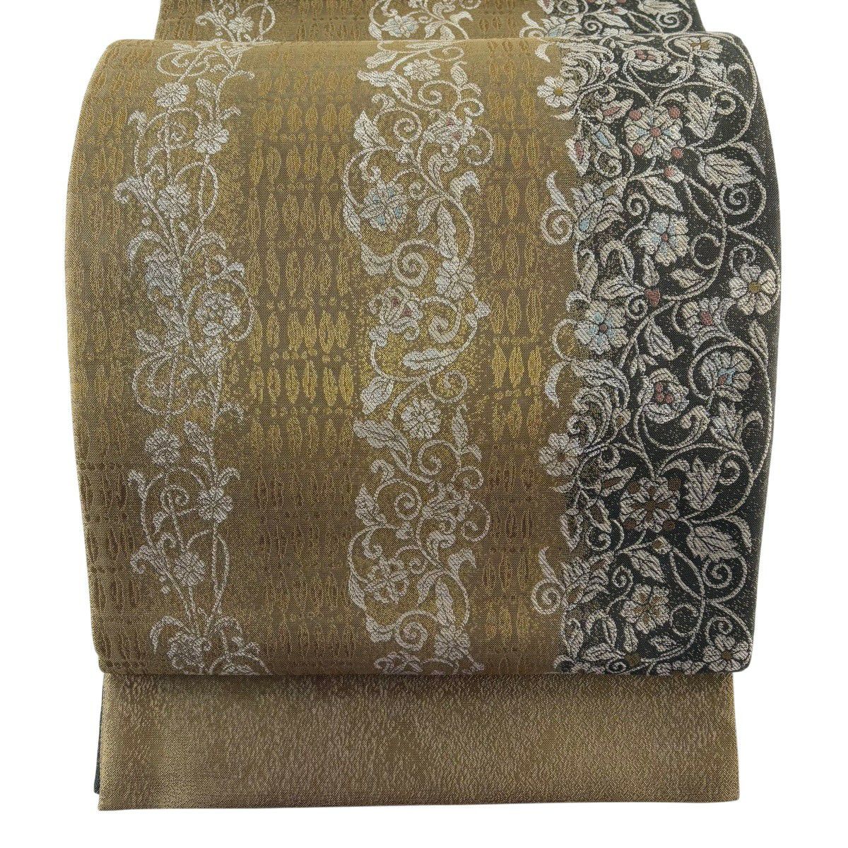 【美品】 袋帶 名品級 附落款 雙面 花唐草紋 文字紋 金金箔 茶 全通 純蠶絲