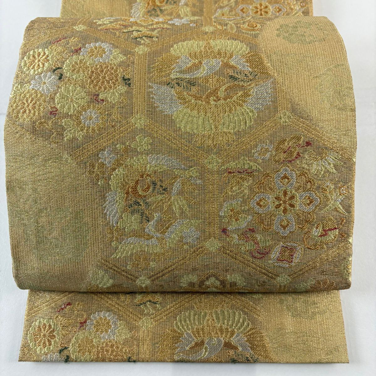 【美品】 袋帶 名品級 龜甲吉祥紋 金銀線 金金箔 金色 六通 純蠶絲