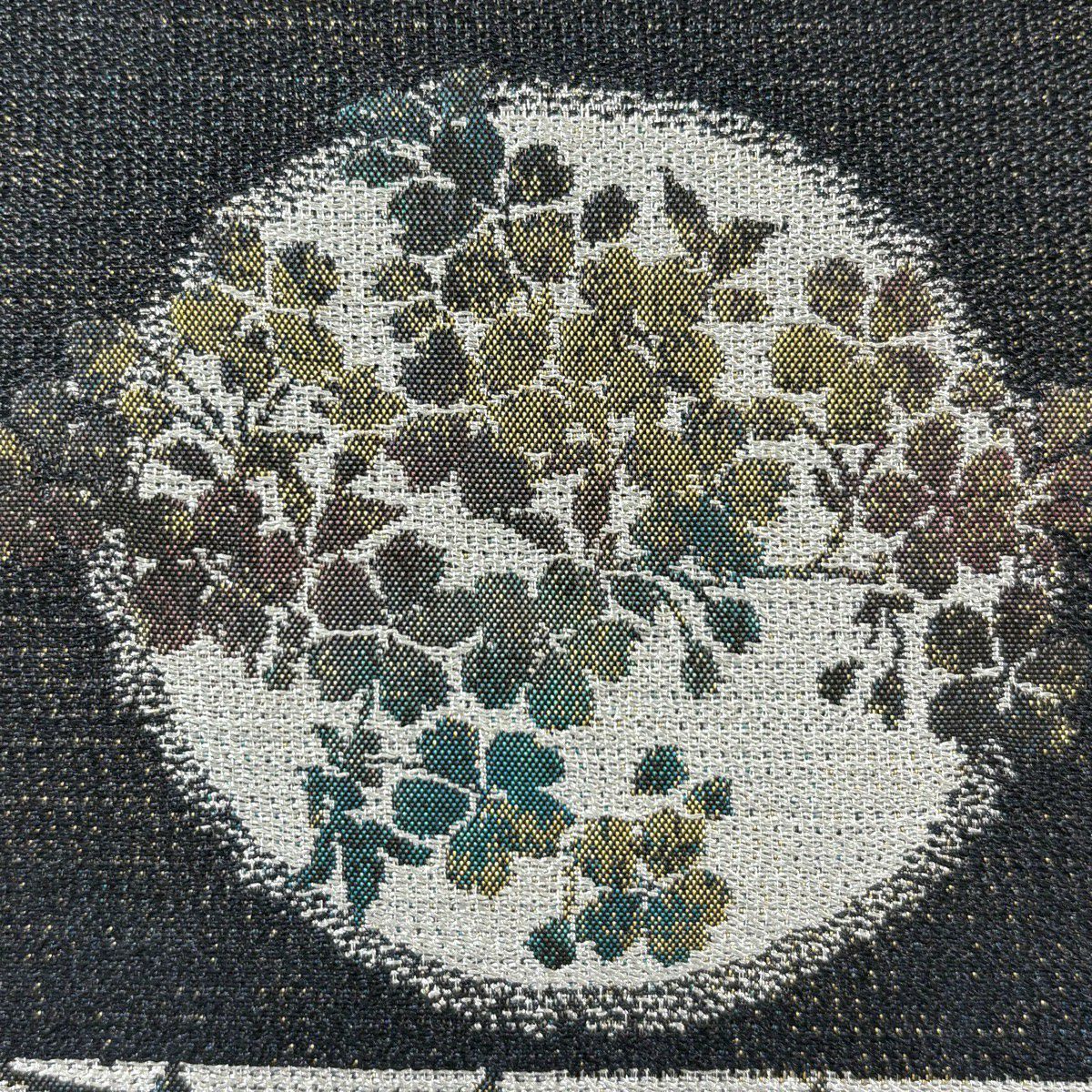 【美品】 袋帶 名品級 市松樹 草花紋 金金箔 青灰 六通 純蠶絲