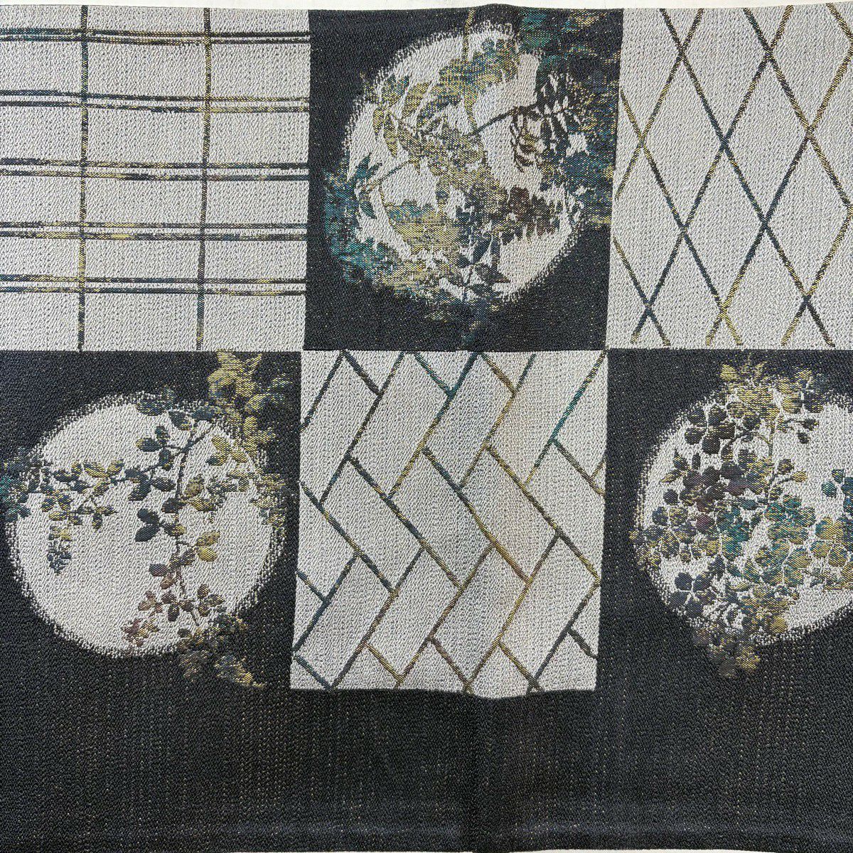 【美品】 袋帶 名品級 市松樹 草花紋 金金箔 青灰 六通 純蠶絲