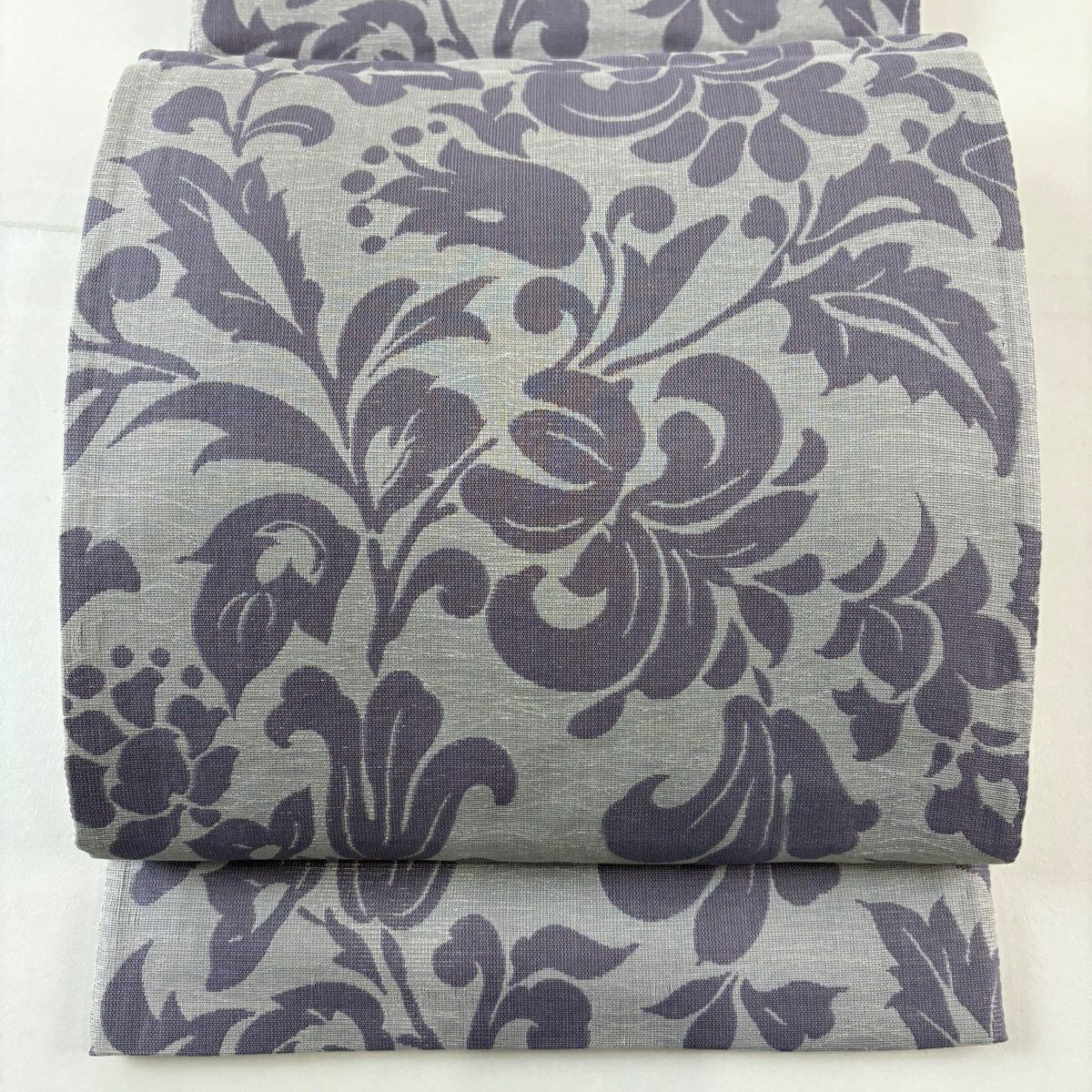 【美品】 袋帶 名品級 雙面 草花紋 蝴蝶結 銀線 淺紫 全通 純蠶絲