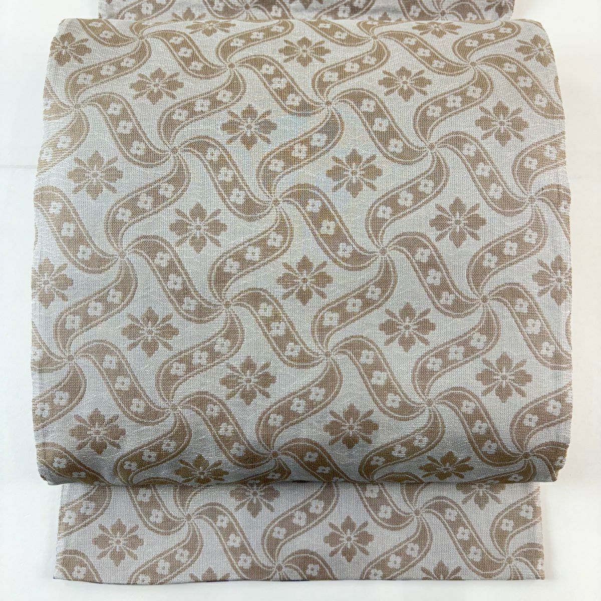 【美品】 袋帶 名品級 雙面 草花紋 蝴蝶結 銀線 淺紫 全通 純蠶絲