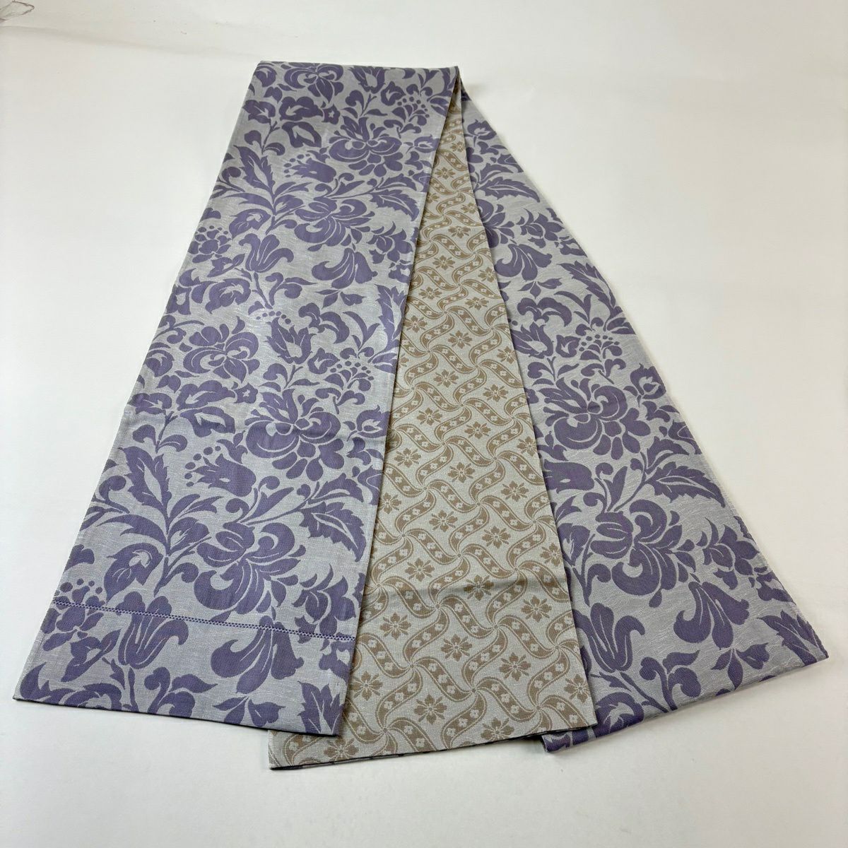 【美品】 袋帶 名品級 雙面 草花紋 蝴蝶結 銀線 淺紫 全通 純蠶絲