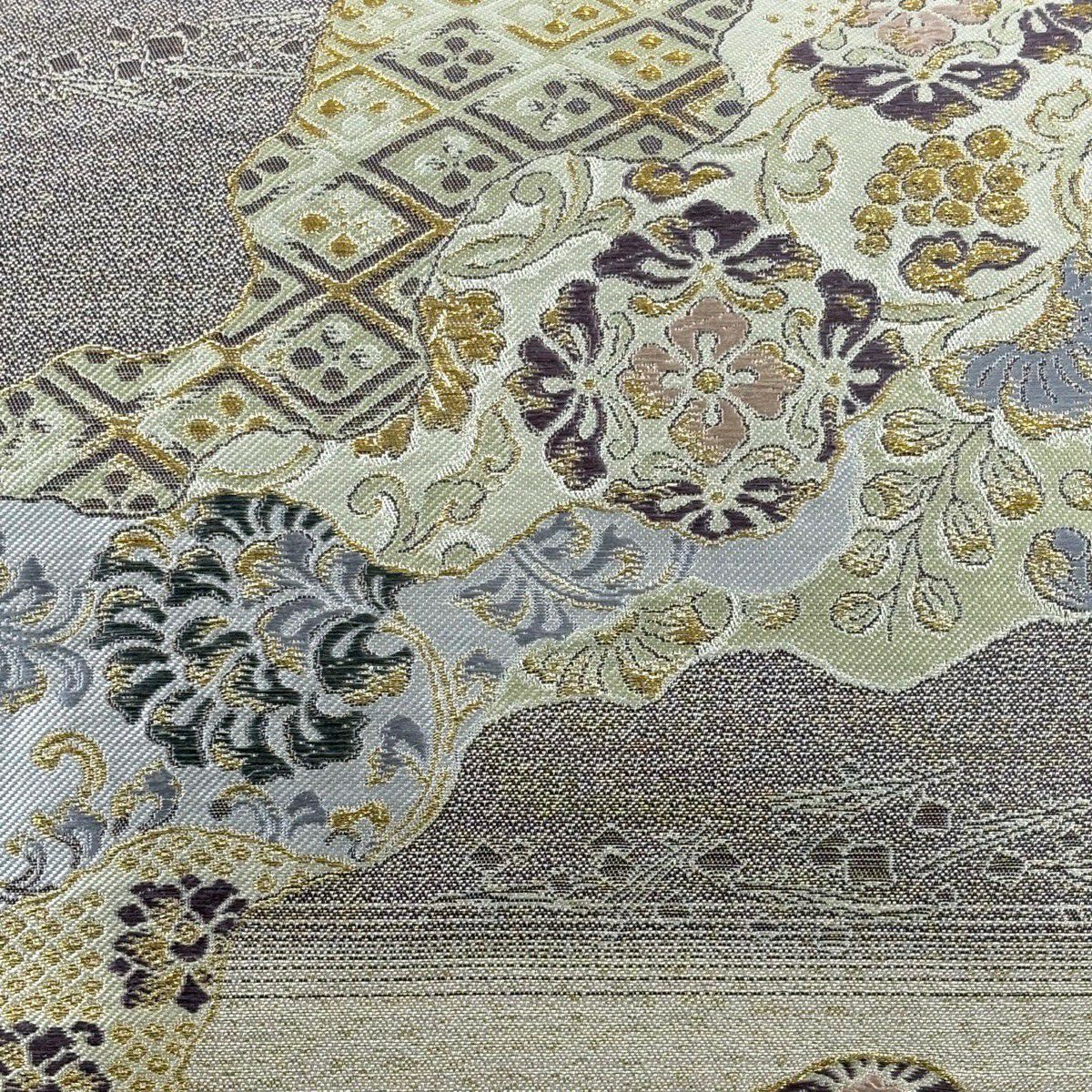 【美品】 袋帶 名品級 道長 草花紋 花菱 金絲 米色 六通 純蠶絲