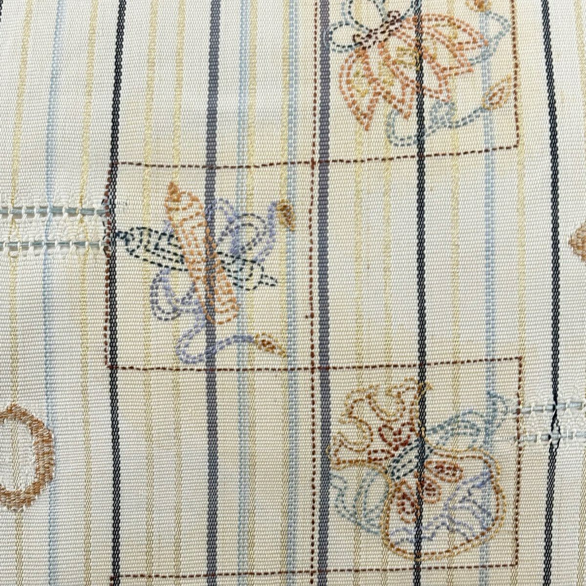 袋帶 名品級 寶盡くし 條紋 刺繡 金線 米色 大鼓圖案 純蠶絲