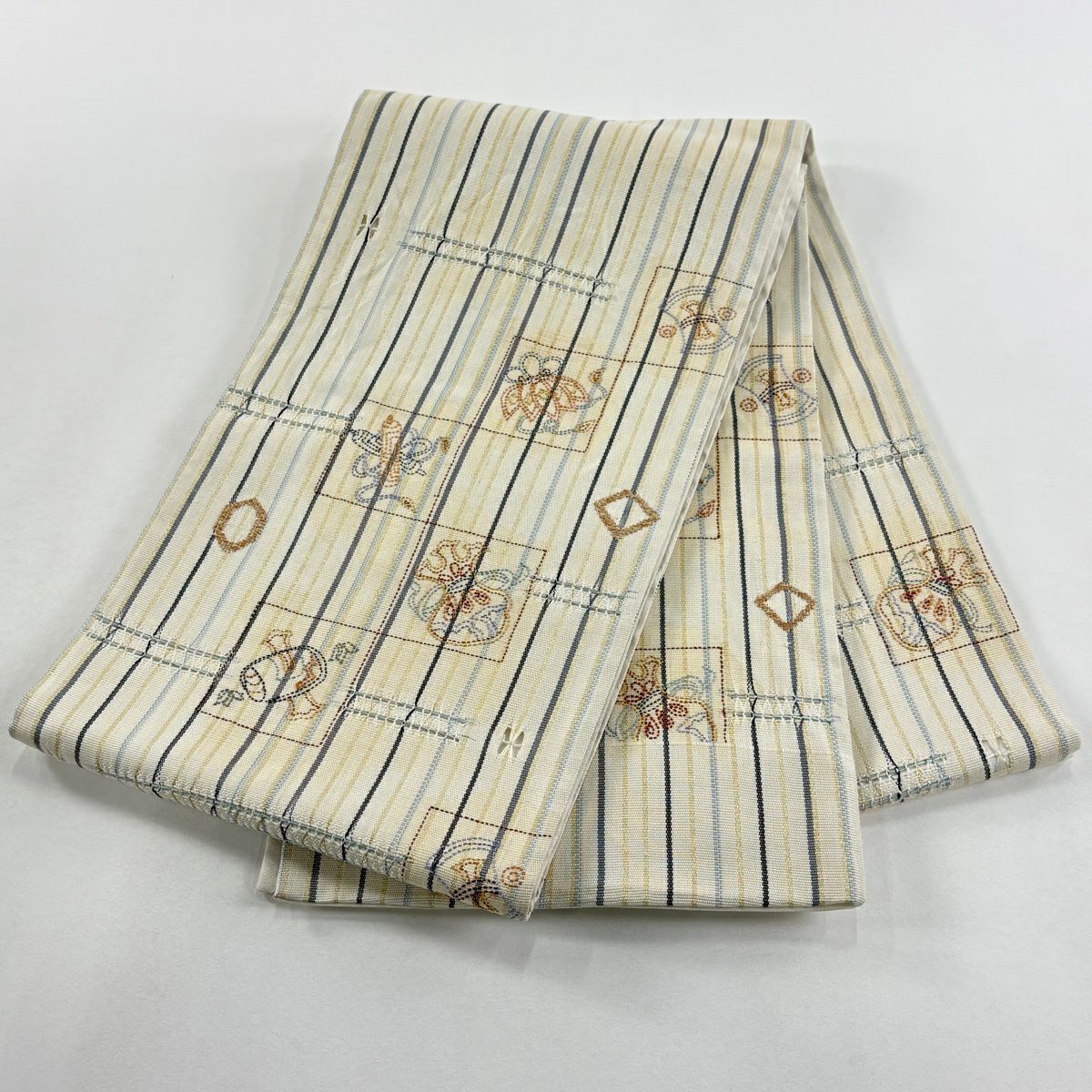 袋帶 名品級 寶盡くし 條紋 刺繡 金線 米色 大鼓圖案 純蠶絲