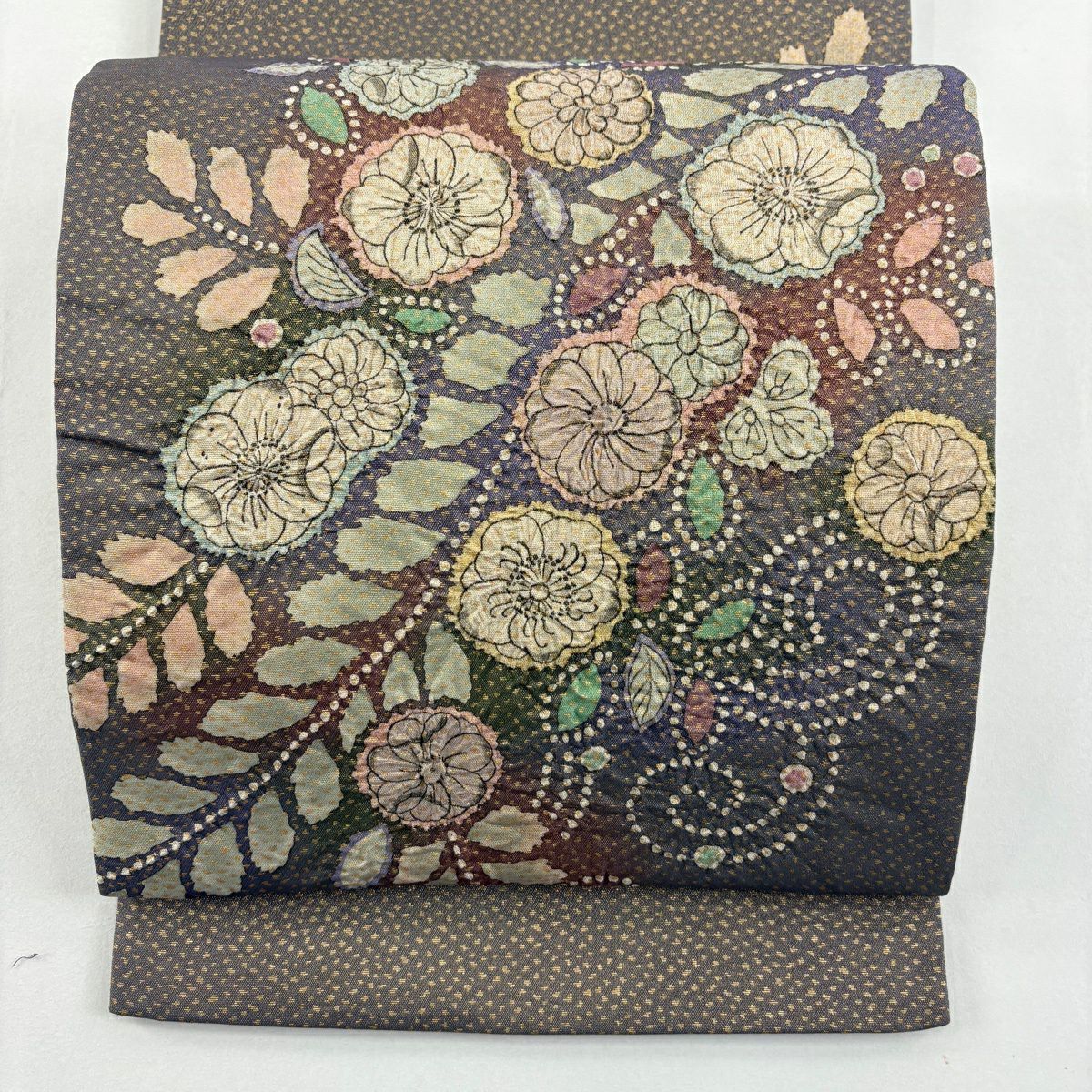 【美品】 袋帶 名品級 落款あり 辻花染 金金箔 金通 灰紫 お太鼓柄 純蠶絲