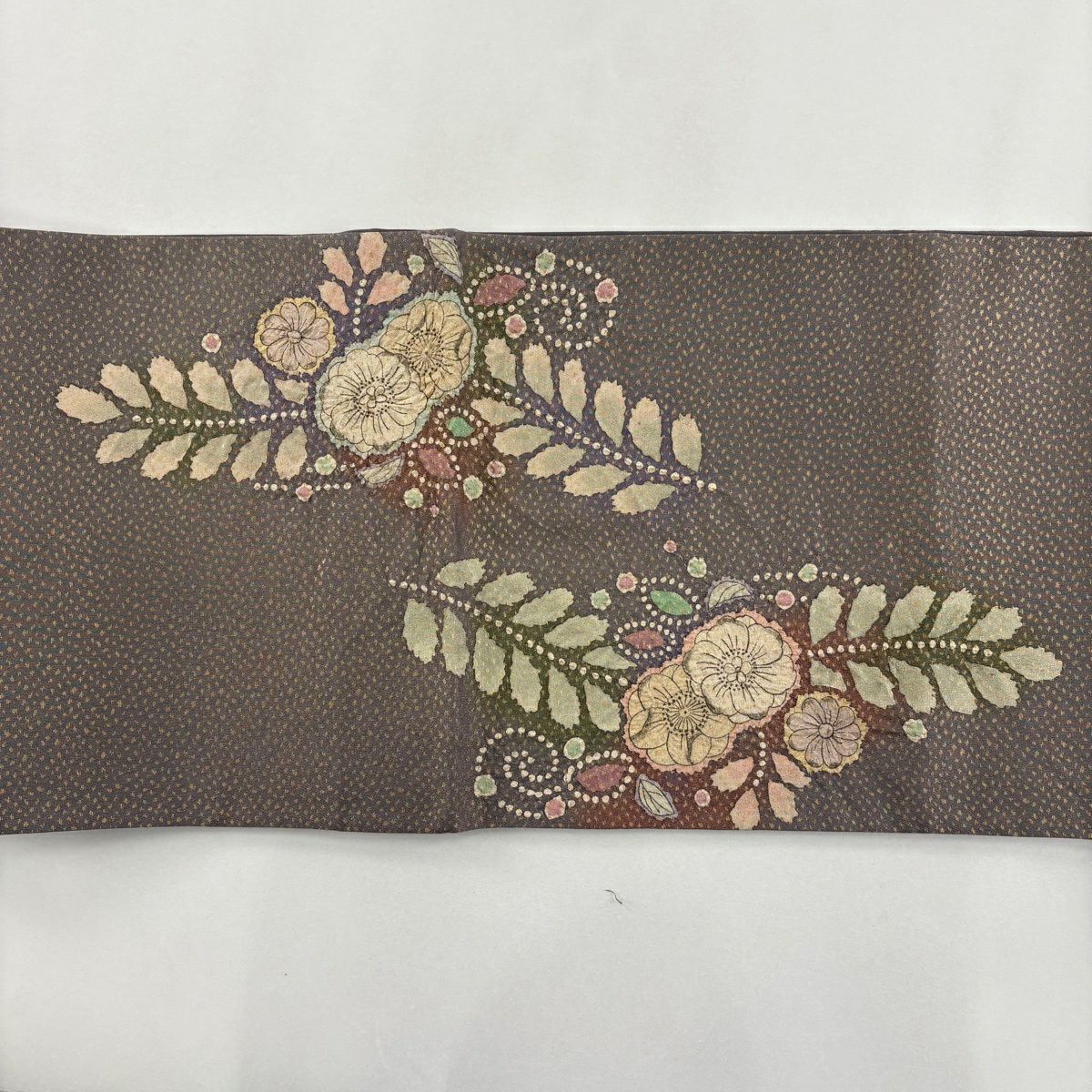 【美品】 袋帶 名品級 落款あり 辻花染 金金箔 金通 灰紫 お太鼓柄 純蠶絲