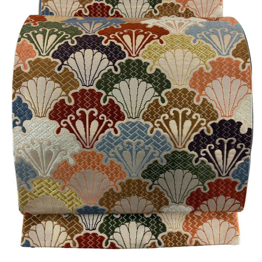 袋帶 名品級 雪輪青海文 金金箔 唐織 米色 六通 純蠶絲