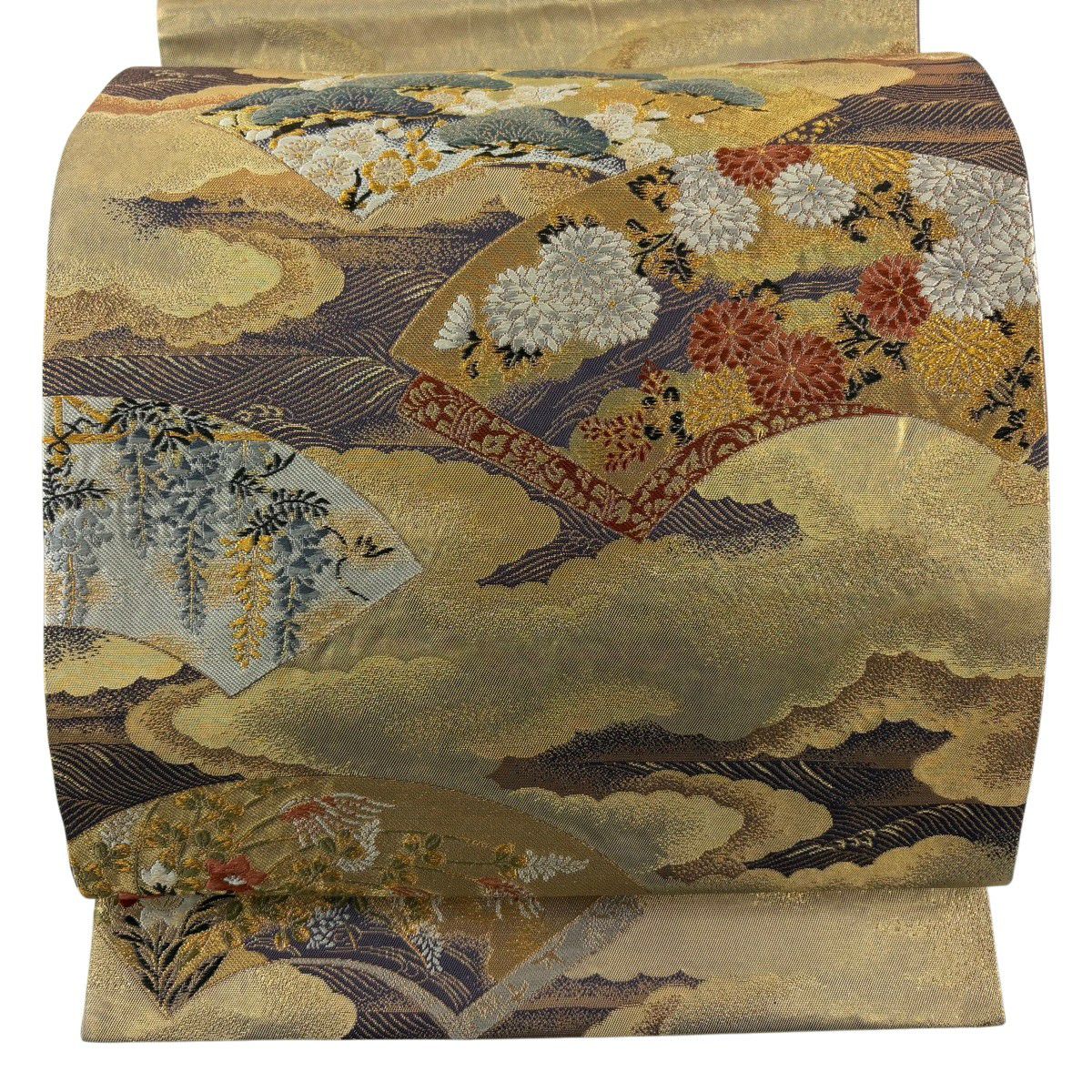 【美品】 袋帶 名品級 加納幸 落款あり 扇子面 草花紋 金絲 金金箔 金色 大鼓圖案 純蠶絲