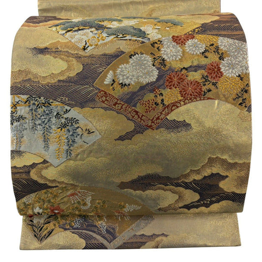 【美品】 袋帶 名品級 加納幸 落款あり 扇子面 草花紋 金絲 金金箔 金色 大鼓圖案 純蠶絲