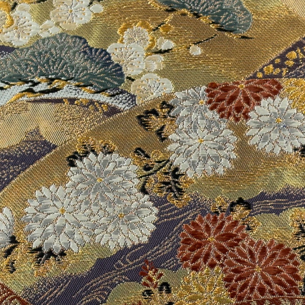 【美品】 袋帶 名品級 加納幸 落款あり 扇子面 草花紋 金絲 金金箔 金色 大鼓圖案 純蠶絲