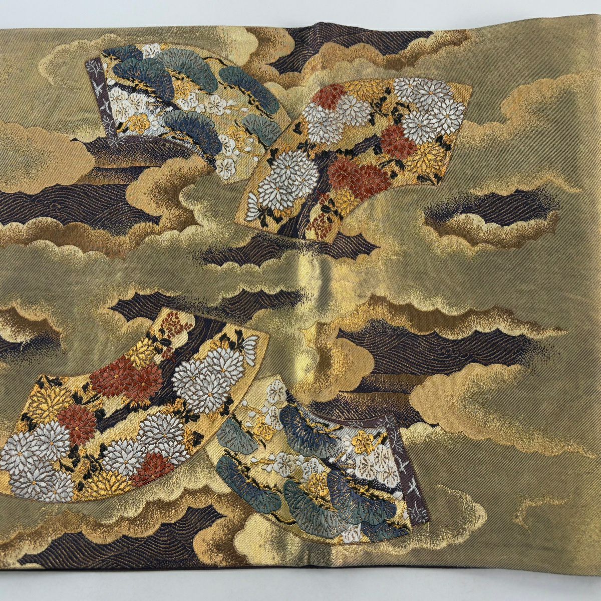 【美品】 袋帶 名品級 加納幸 落款あり 扇子面 草花紋 金絲 金金箔 金色 大鼓圖案 純蠶絲