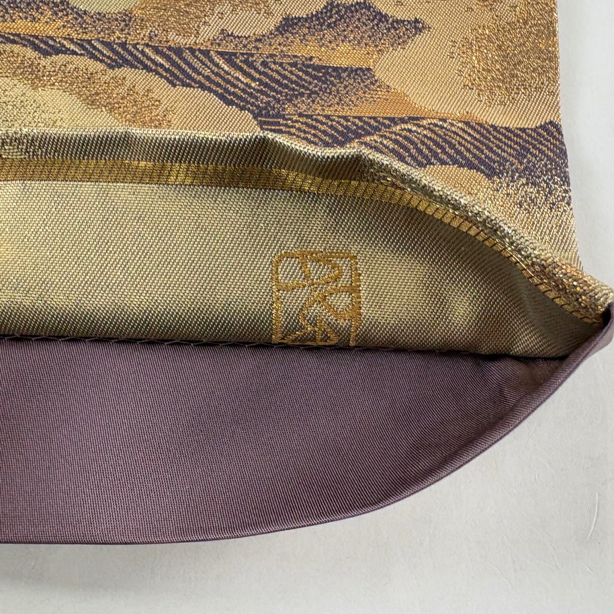 【美品】 袋帶 名品級 加納幸 落款あり 扇子面 草花紋 金絲 金金箔 金色 大鼓圖案 純蠶絲