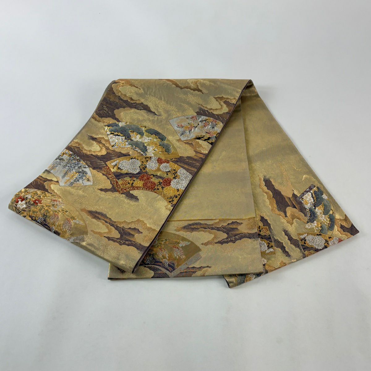 【美品】 袋帶 名品級 加納幸 落款あり 扇子面 草花紋 金絲 金金箔 金色 大鼓圖案 純蠶絲