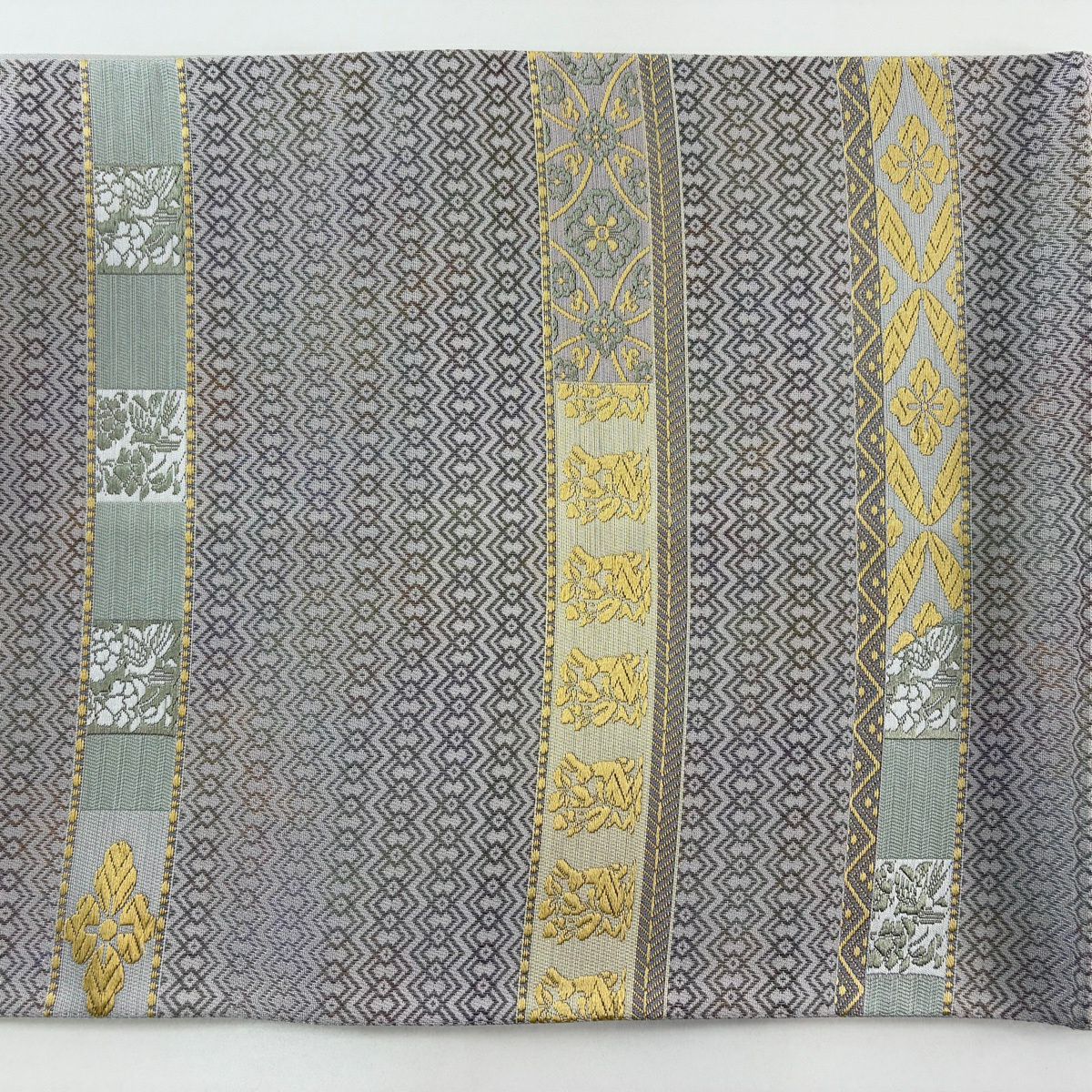【美品】 袋帶 名品級 華紋 幾何圖案 金銀彩 灰紫色 大鼓圖案 純蠶絲