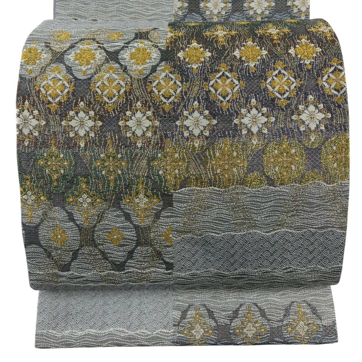 【美品】 袋帶 名品級 華紋 波 金絲 金金箔 灰色 六通 純蠶絲