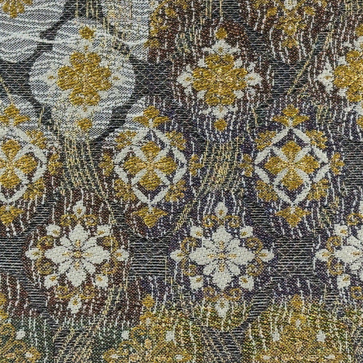 【美品】 袋帶 名品級 華紋 波 金絲 金金箔 灰色 六通 純蠶絲