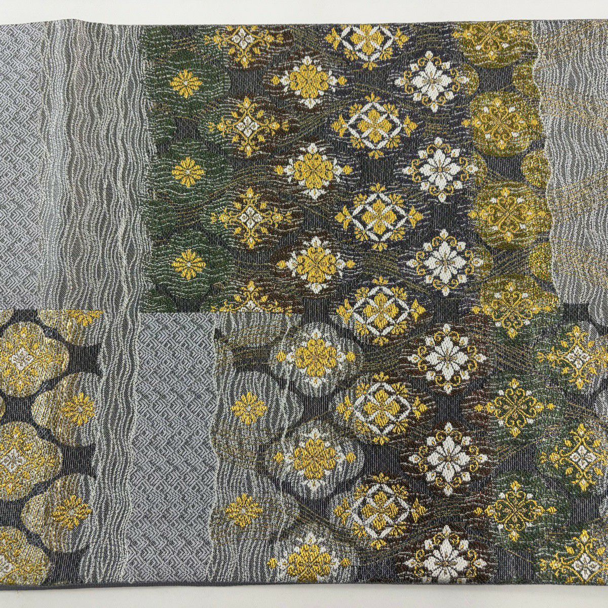 【美品】 袋帶 名品級 華紋 波 金絲 金金箔 灰色 六通 純蠶絲
